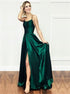 A Line Green Satin Open Back Prom Dresses with Slit LBQ1134